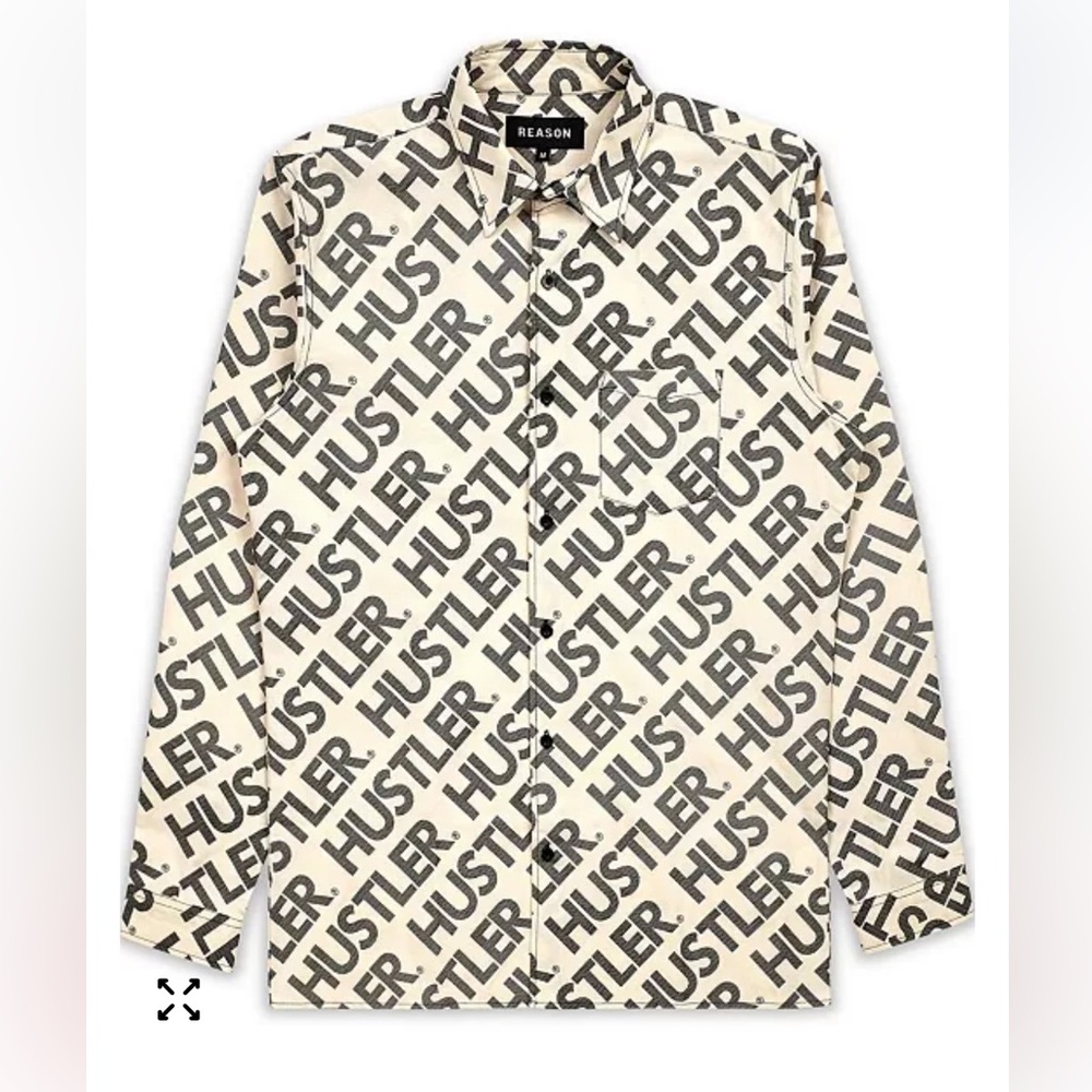 REASON CREAM AND BLACK “HUSTLER” PRINT CASUAL BUTTON DOWN OXFORD SHIRT SIZE S